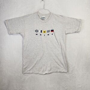 Vtg 90s Maine Nautical Flag Tee L Artforms USA Gray‎ Single Stitch Coastal